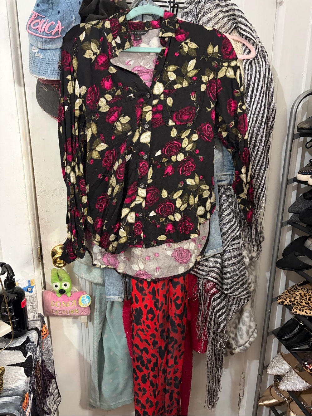 Rock & Republic Black Blouse with Pink Rose and Green Leaf Print